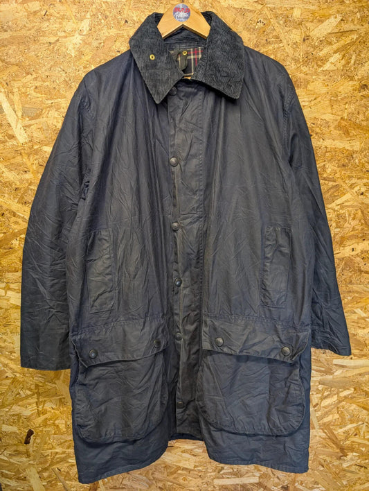 Barbour Border Long Wax Coat Mens C42 Large Navy A205 Cotton Cord Collar Tartan