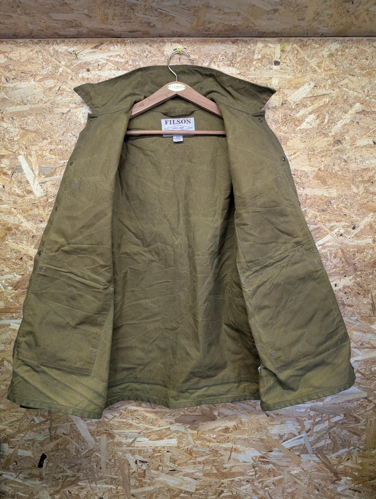 Filson Tin Cloth Cruiser Field Jacket Men Medium Long Brown Snap Double USA Tan