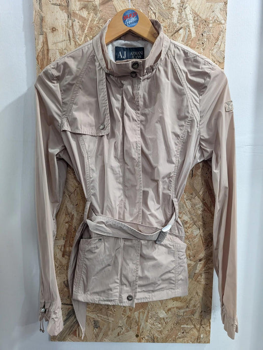 Armani Jeans Jacket Women Size 6 XS Belted Beige Lightweight Casual Trench Coat
