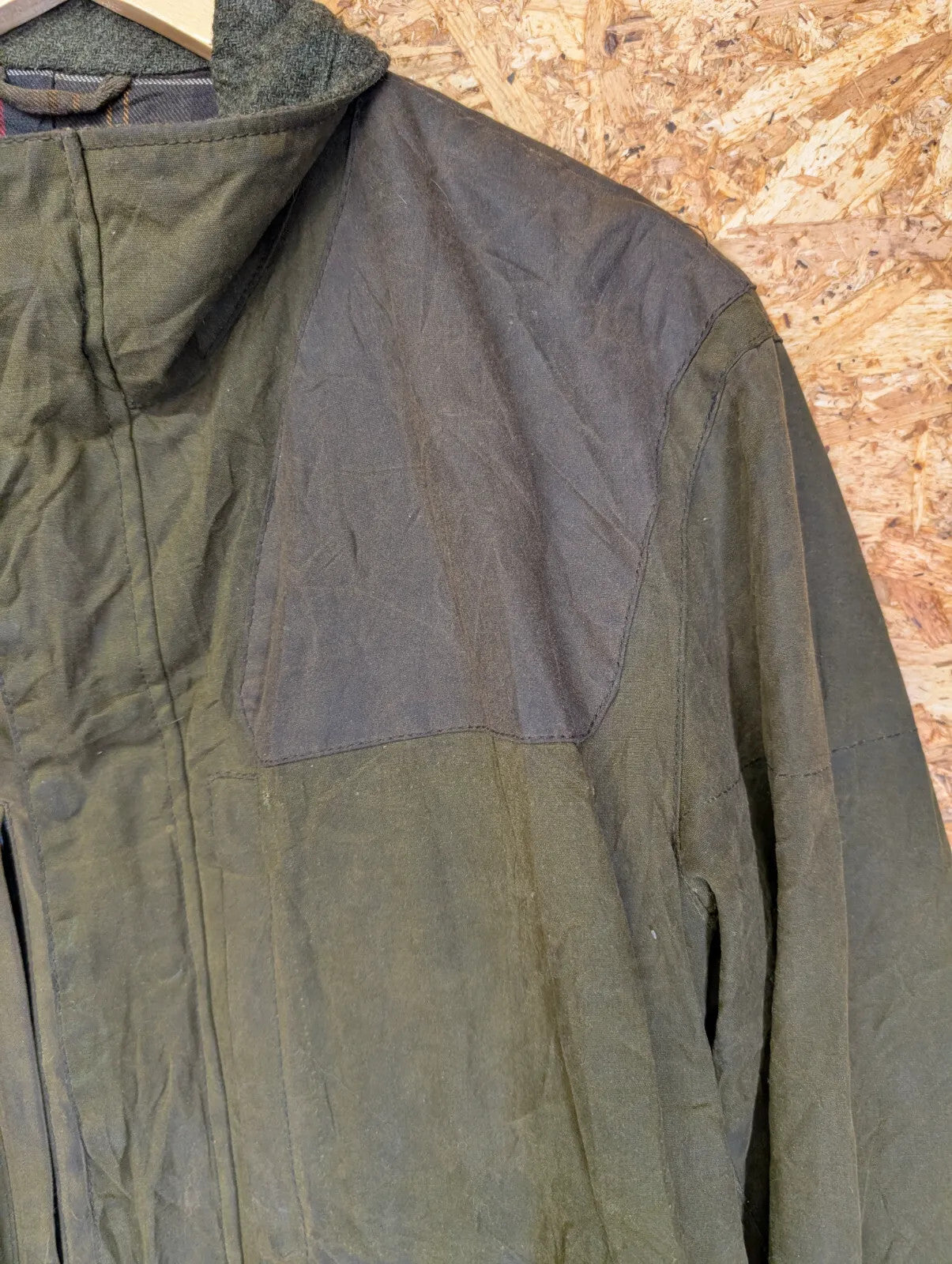 Barbour Hidcote Wax Jacket Mens Large Olive Green Cotton Tartan Tweed Wool