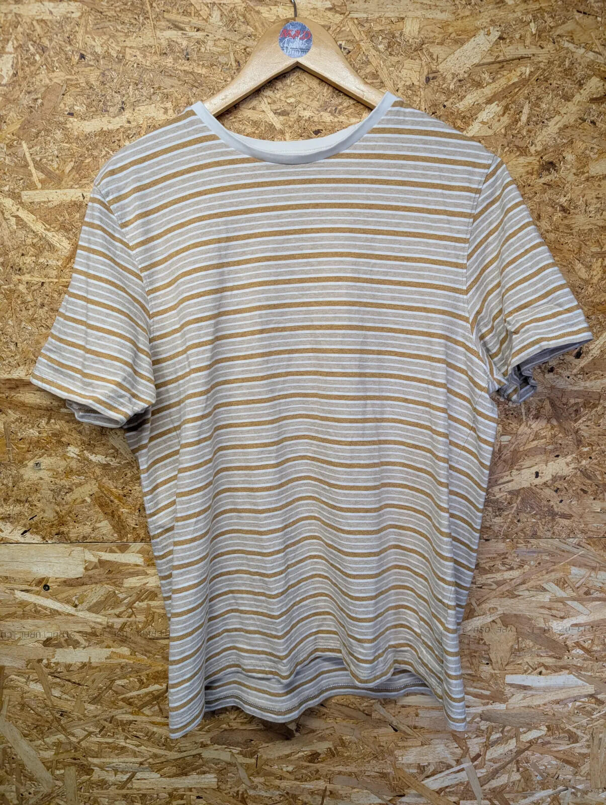 Folk Clothing Crew Neck T-Shirt Large White Beige Mustard Stripe Short Sleeve