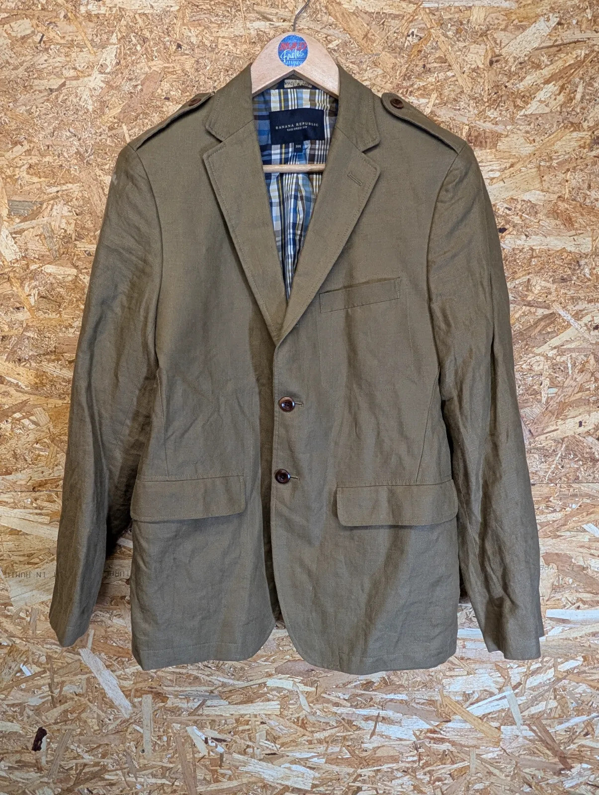 Banana Republic Blazer Mens 36 Small Khaki Olive Flax Linen Check Tailored Fit