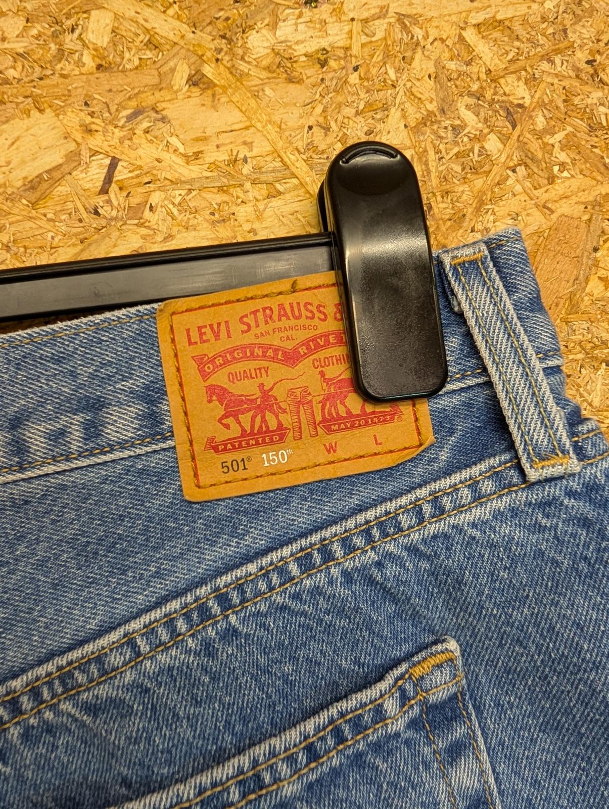 Levis 501 Jeans Womens Size 14-16 W34 L30 150th Anniversary Patchwork Blue
