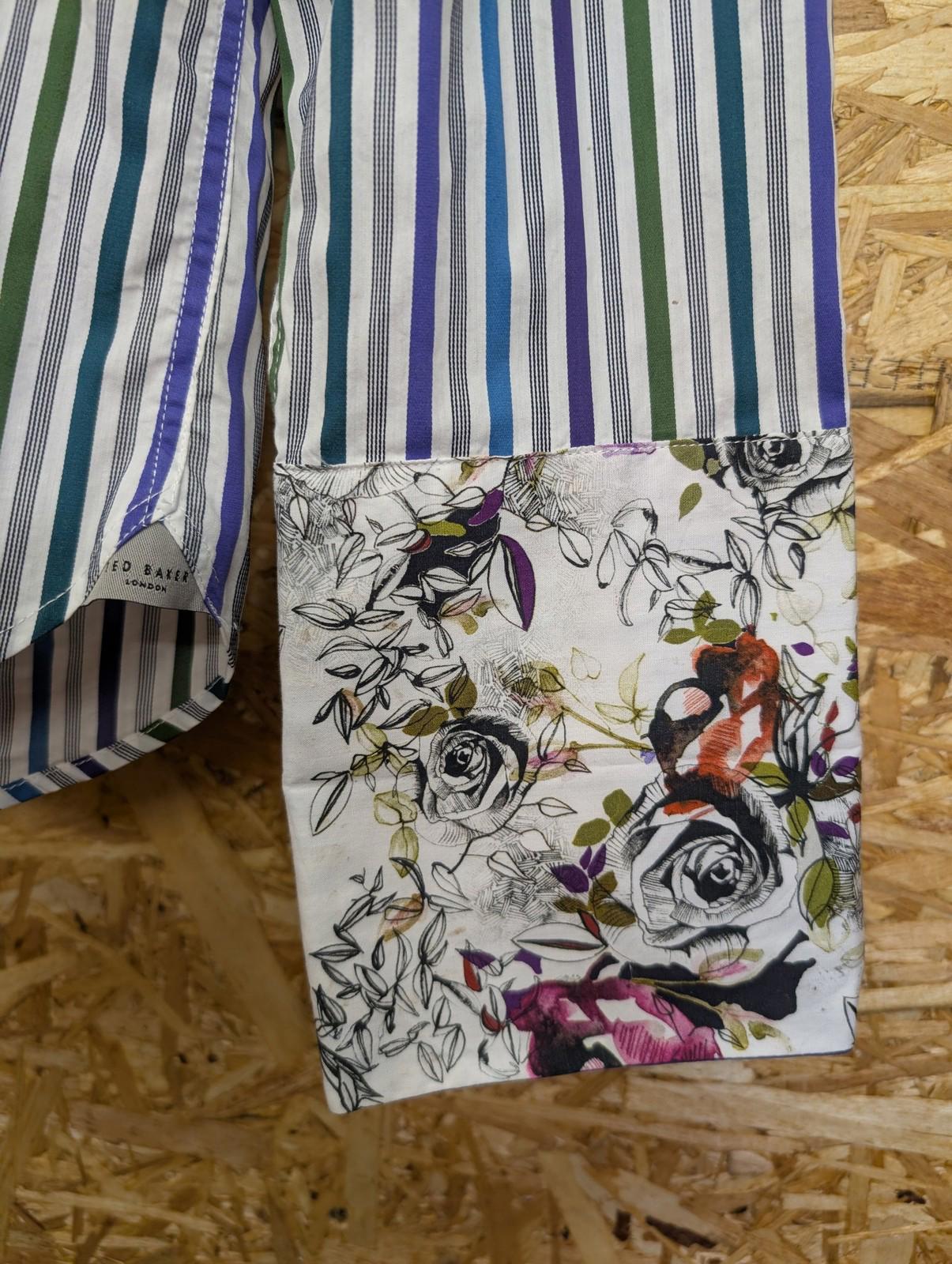 Ted Baker Shirt Mens Size 4 Large London Striped Long Sleeve French Floral Cuffs