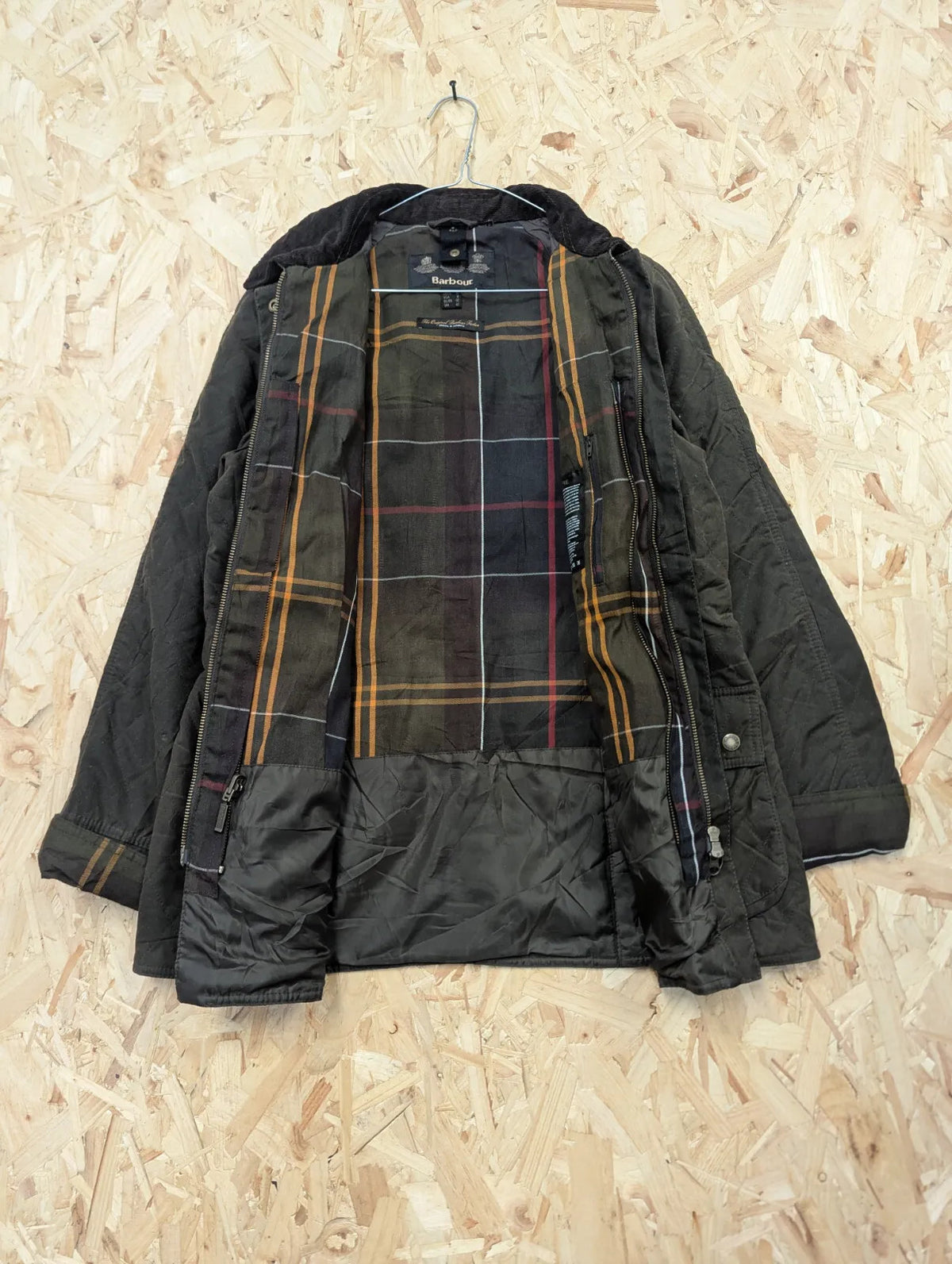 Barbour Gibbon Wax Jacket Womens UK12 Green Quilted Tartan Padded Cord Collar