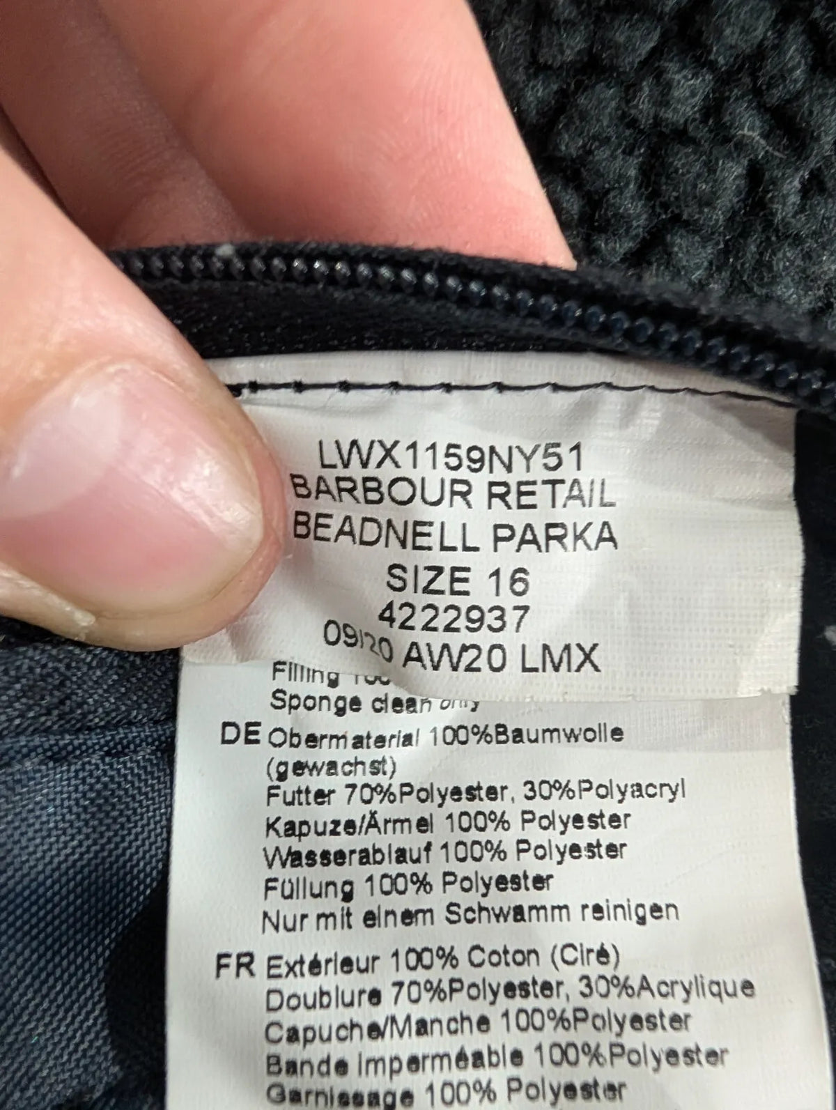 Barbour Retail Beadnell Parka Jacket Womens UK16 Black Fleece Lined Waterproof