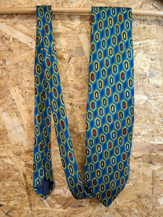 Lloyd Attree & Smith Pure Silk Tie 59" 149cm Green Blue Geometric Pattern