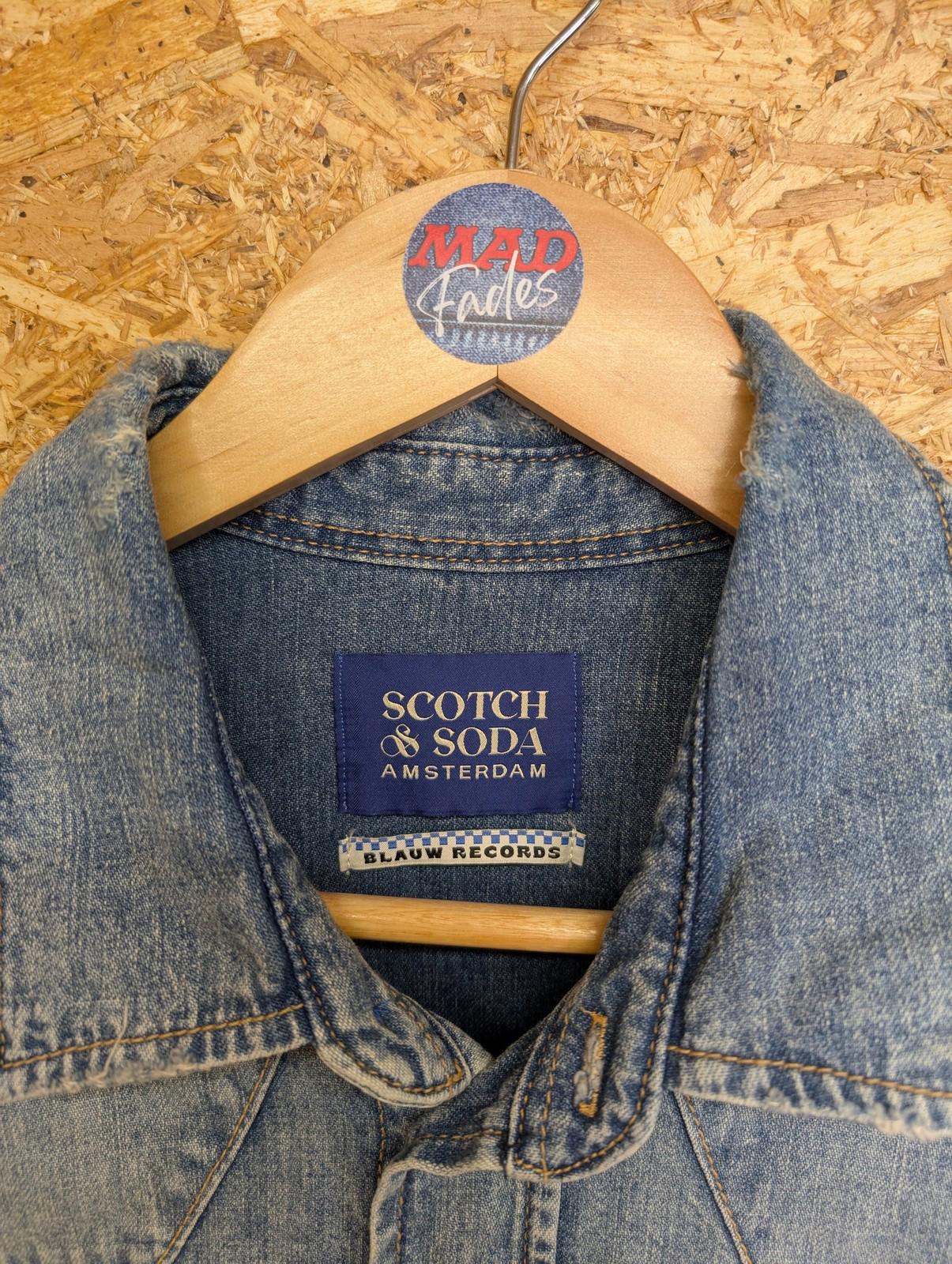 Scotch & Soda Denim Shirt Large Men Pearl Snap Aztec Embroidered Cuffs Blue