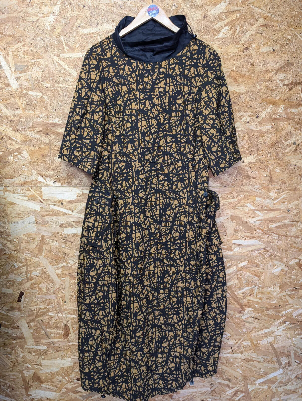 Noen Dress Womens Size 8 Oversized Loose Mustard Black Abstract Stretch Gorpcore