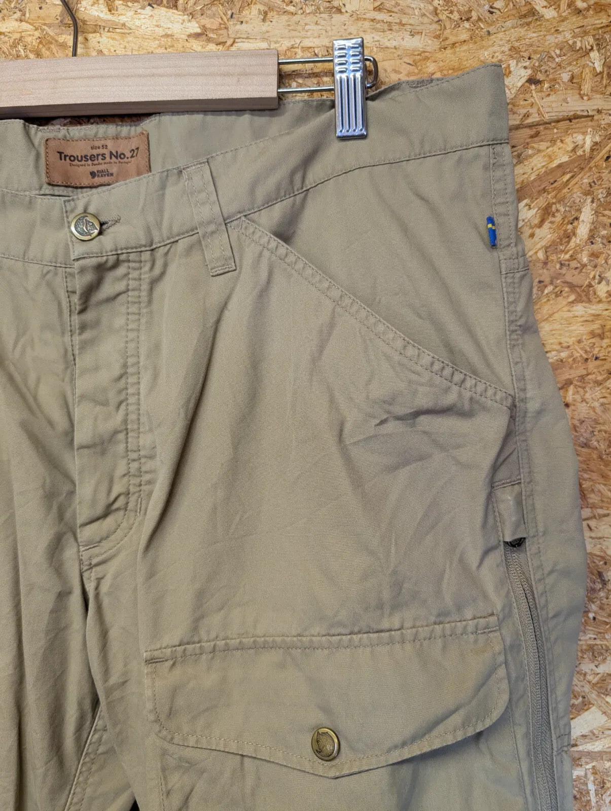 Fjallraven G1000 No27 Cargo Trousers W36 L32 Beige Wax Cotton Hiking Walking