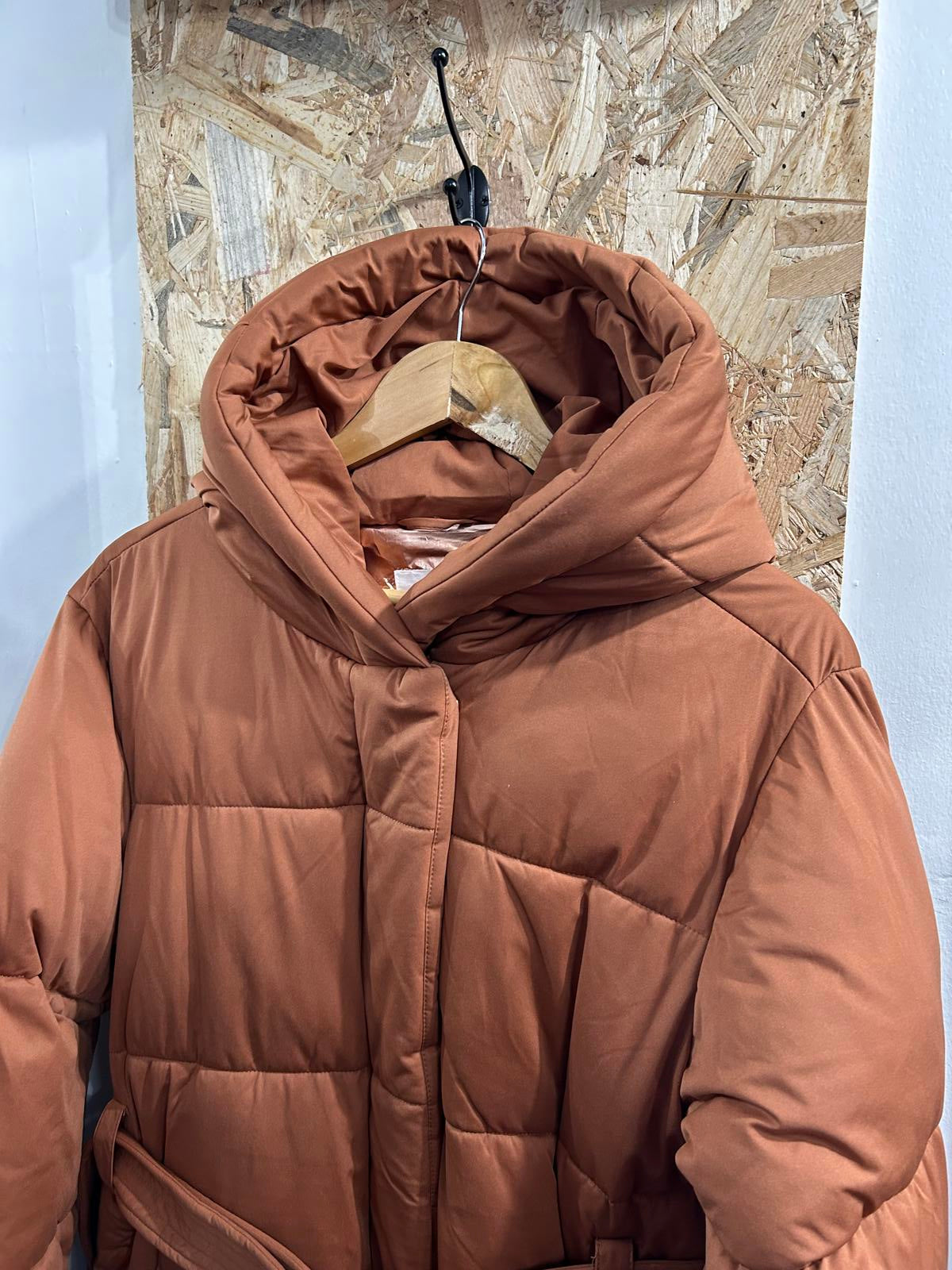 Avec Les Filles Womens Large Orange Puffa Jacket Hip Length Padded Belted Coat