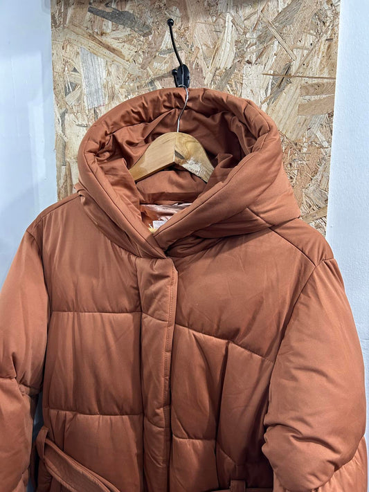 Avec Les Filles Womens Large Orange Puffa Jacket Hip Length Padded Belted Coat