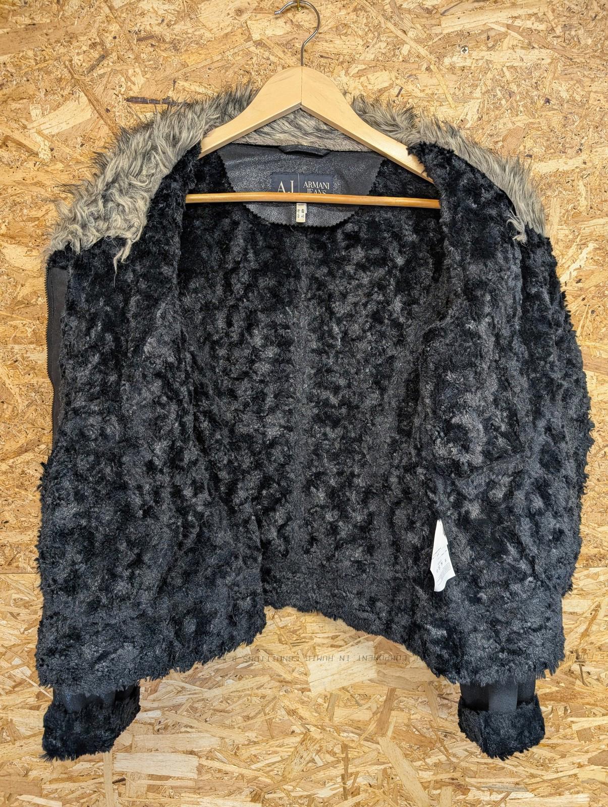 Armani Jeans Jacket Womens Size 12 Faux Fur Fleece Lined Suede Black BeigeY2K