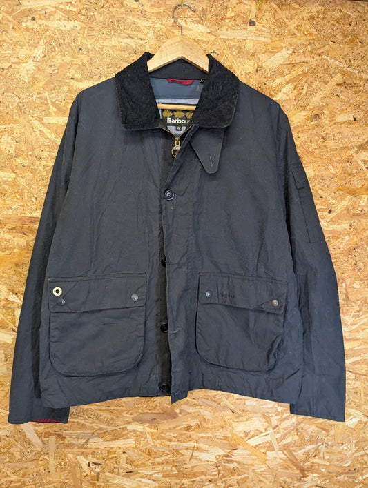 Barbour Deck Wax Jacket Mens XL Navy Blue Cotton Cord Collar Chin Strap South
