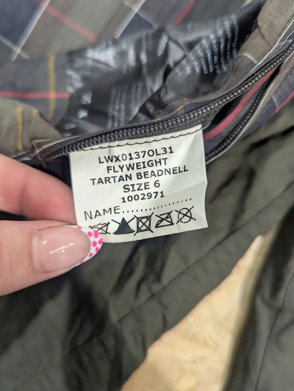 Barbour Beadnell Wax Jacket Womens UK6 Olive Green Cotton Tartan Cord Collar