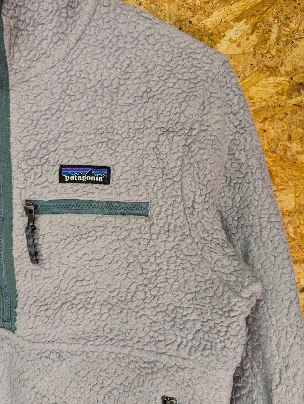 Patagonia Deep Pile Fleece Top Womens Small Grey Green Zip Pockets Retro 1/2 Zip