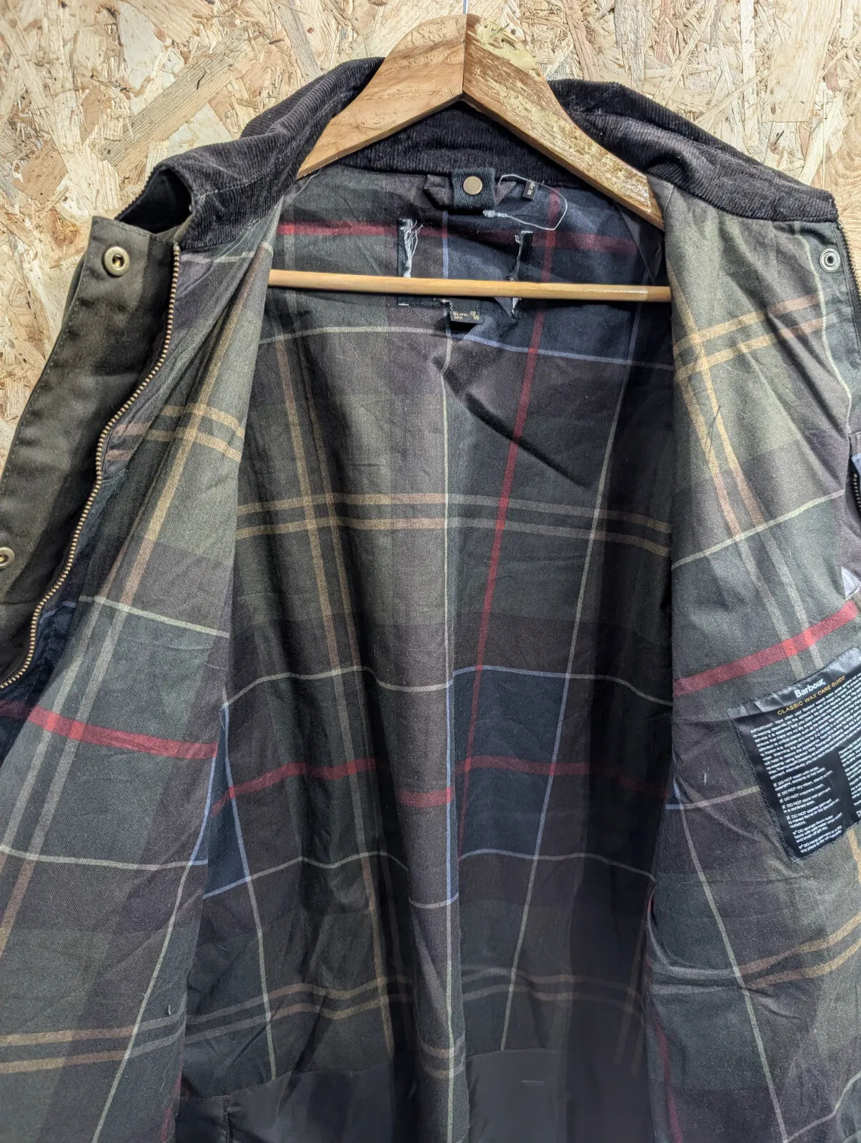 Barbour Acorn Wax Jacket Womens UK20 Olive Waxed Cotton Corduroy Collar Tartan