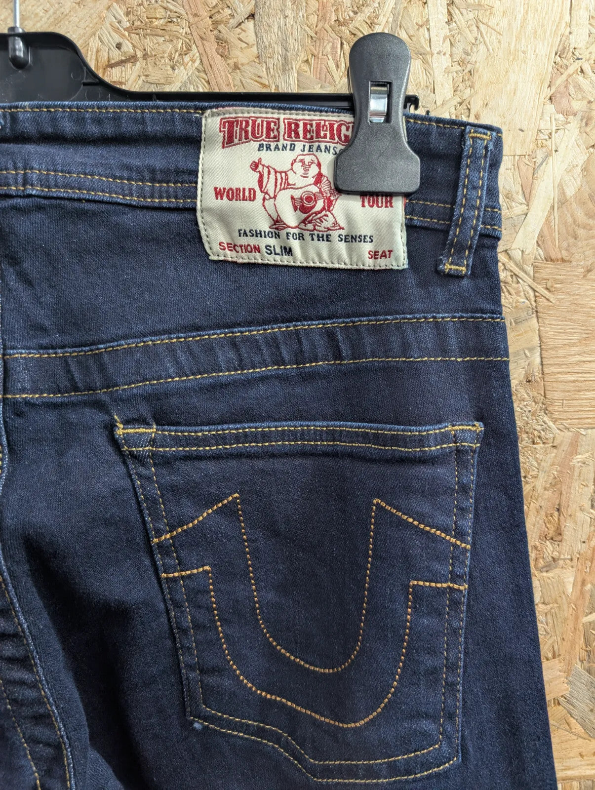 True Religion Slim Jeans Mens W32 L32 Navy Blue Straight Denim Button USA Made