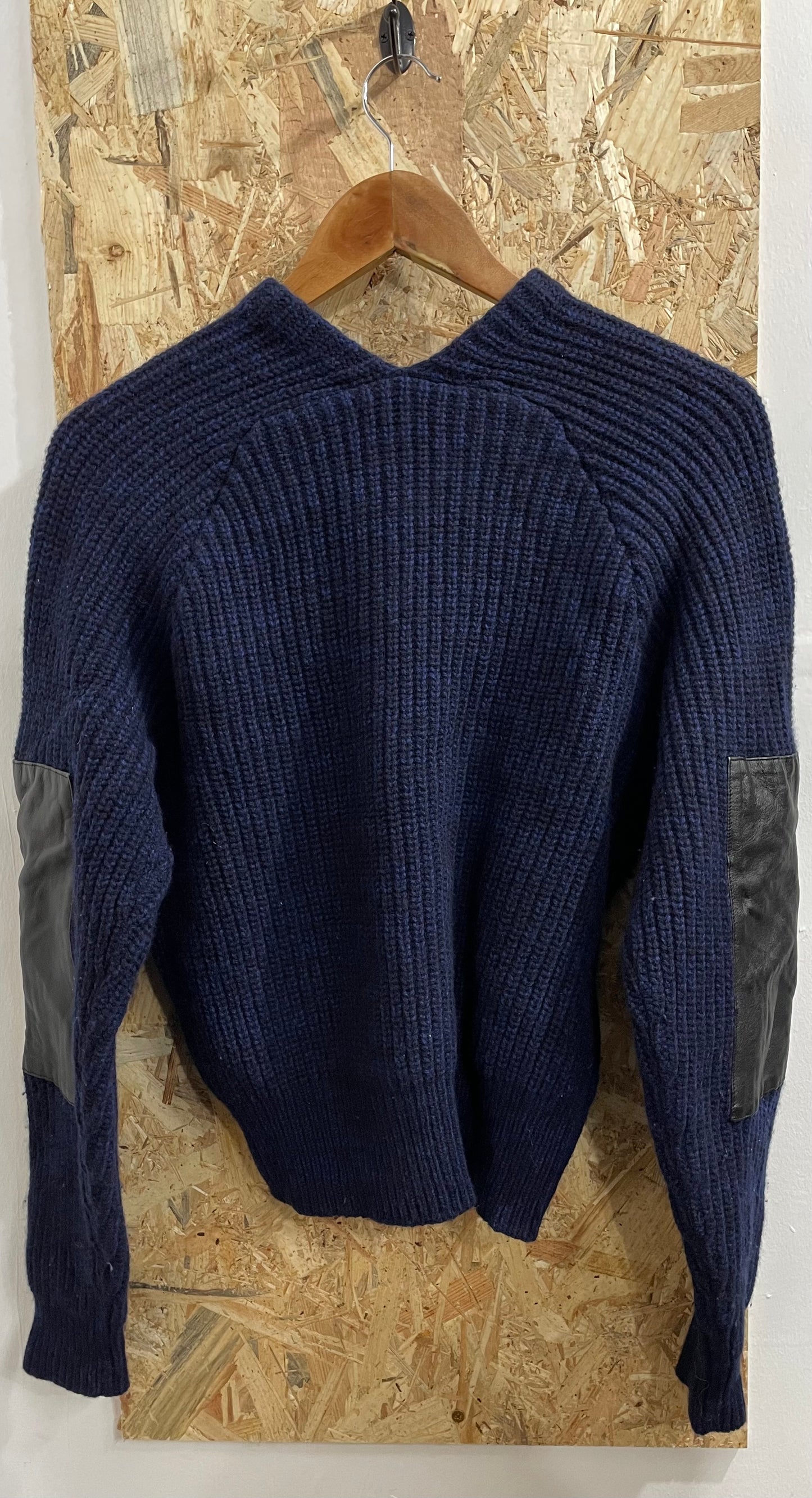 Victoria Beckham Chunky Knit Sweater V-Neck Navy Blue Elbow Pads Womens Large