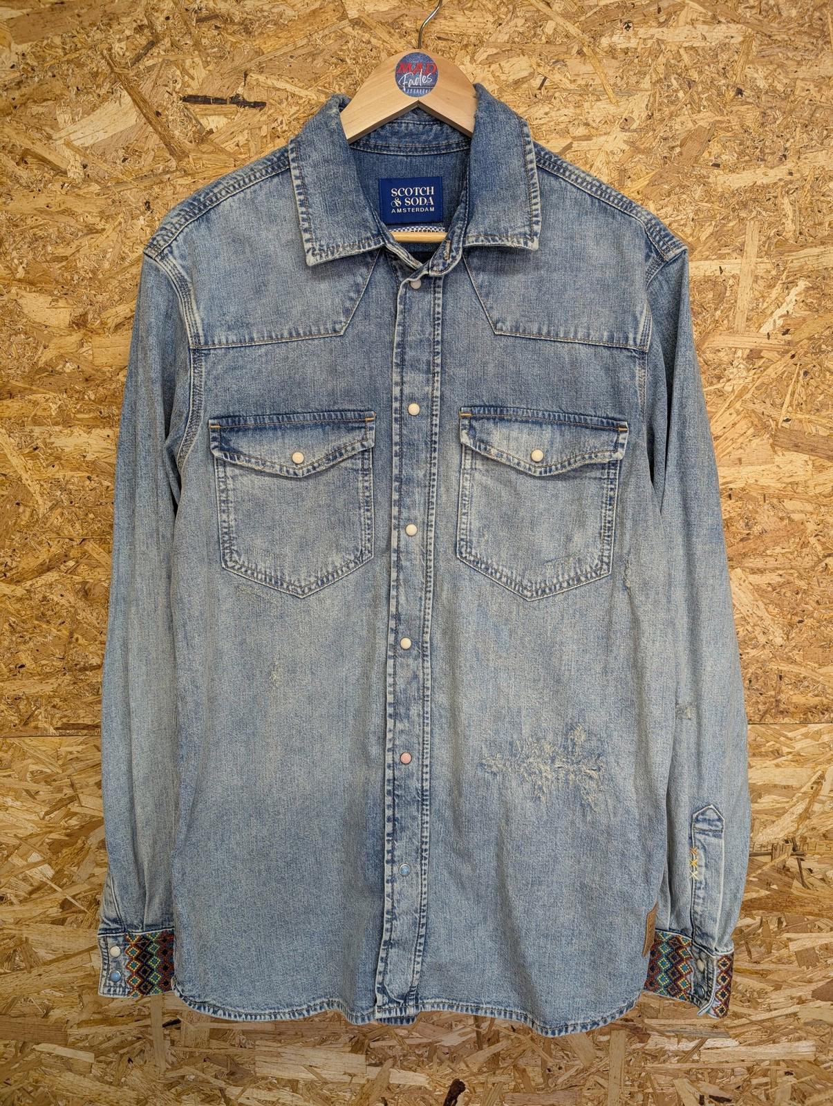 Scotch & Soda Denim Shirt Large Men Pearl Snap Aztec Embroidered Cuffs Blue