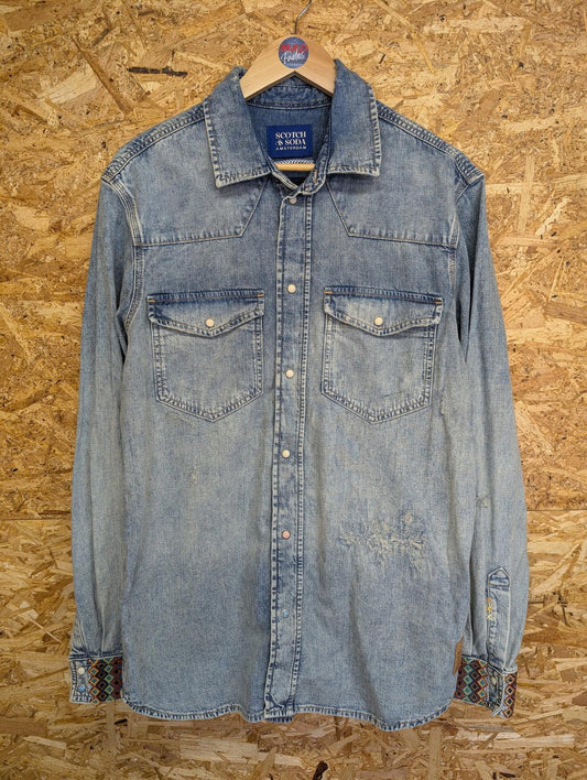 Scotch & Soda Denim Shirt Large Men Pearl Snap Aztec Embroidered Cuffs Blue