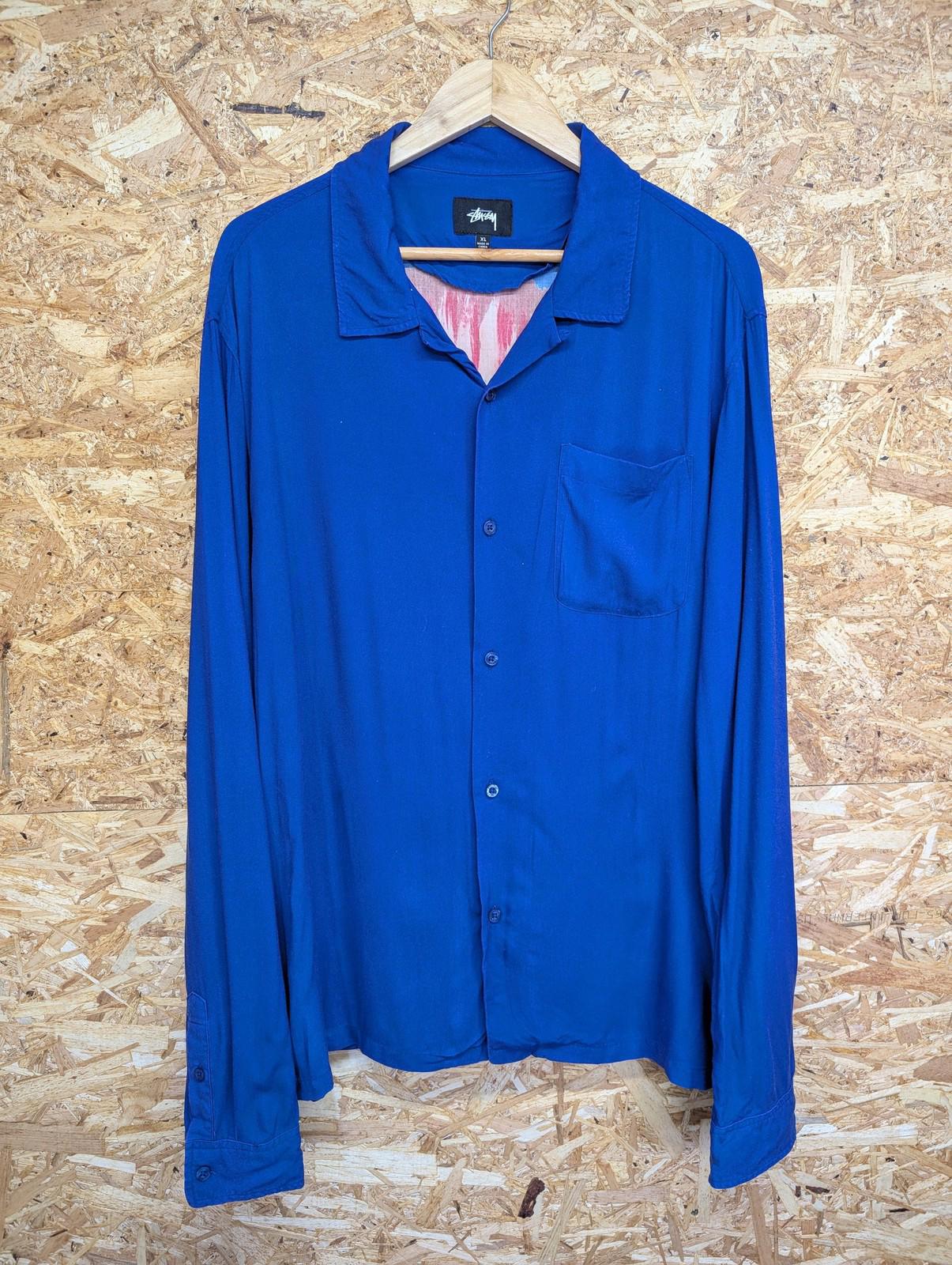 Stussy Button-Up Shirt XL Floral Graphic Blue Rayon Mens Skate Y2K Long Sleeve