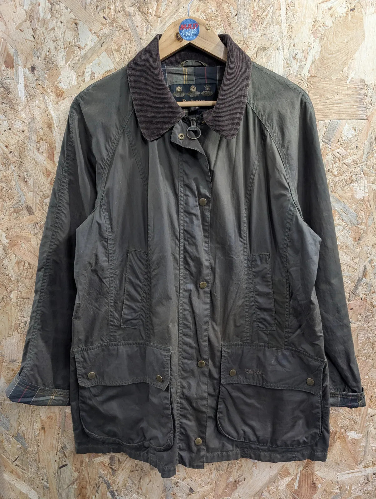 Barbour Flyweight Tartan Wax Jacket Womens UK12 Dark Green Cotton Cord Collar