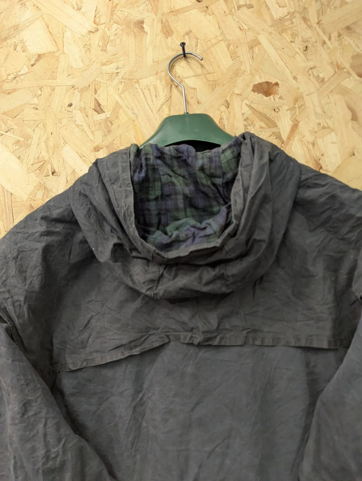 Vintage Barbour Durham Wax Jacket Mens Medium C40 Black A6 Tartan Plaid Hood 90s