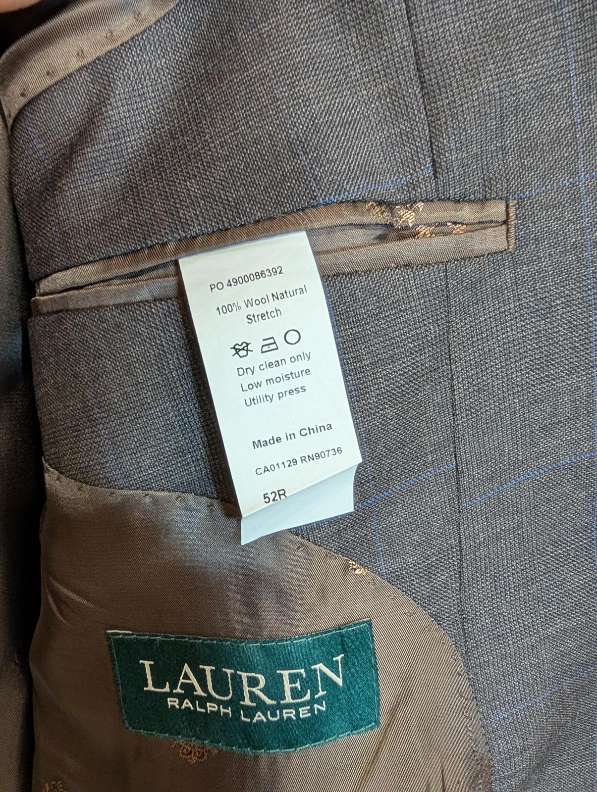 Ralph Lauren 52R 3XL 3-Piece Suit Pure Wool Grey Brown Check