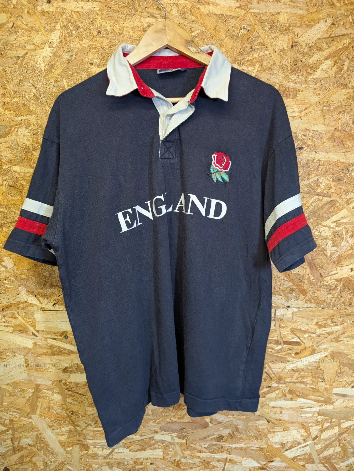 England Rugby Shirt Navy Mens Large Striped Shirt Embroidered Cotton Kings Polo
