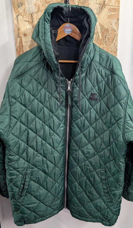 Starter Quilted Jacket Large Men Hooded Reversible Green Black Nylon USA