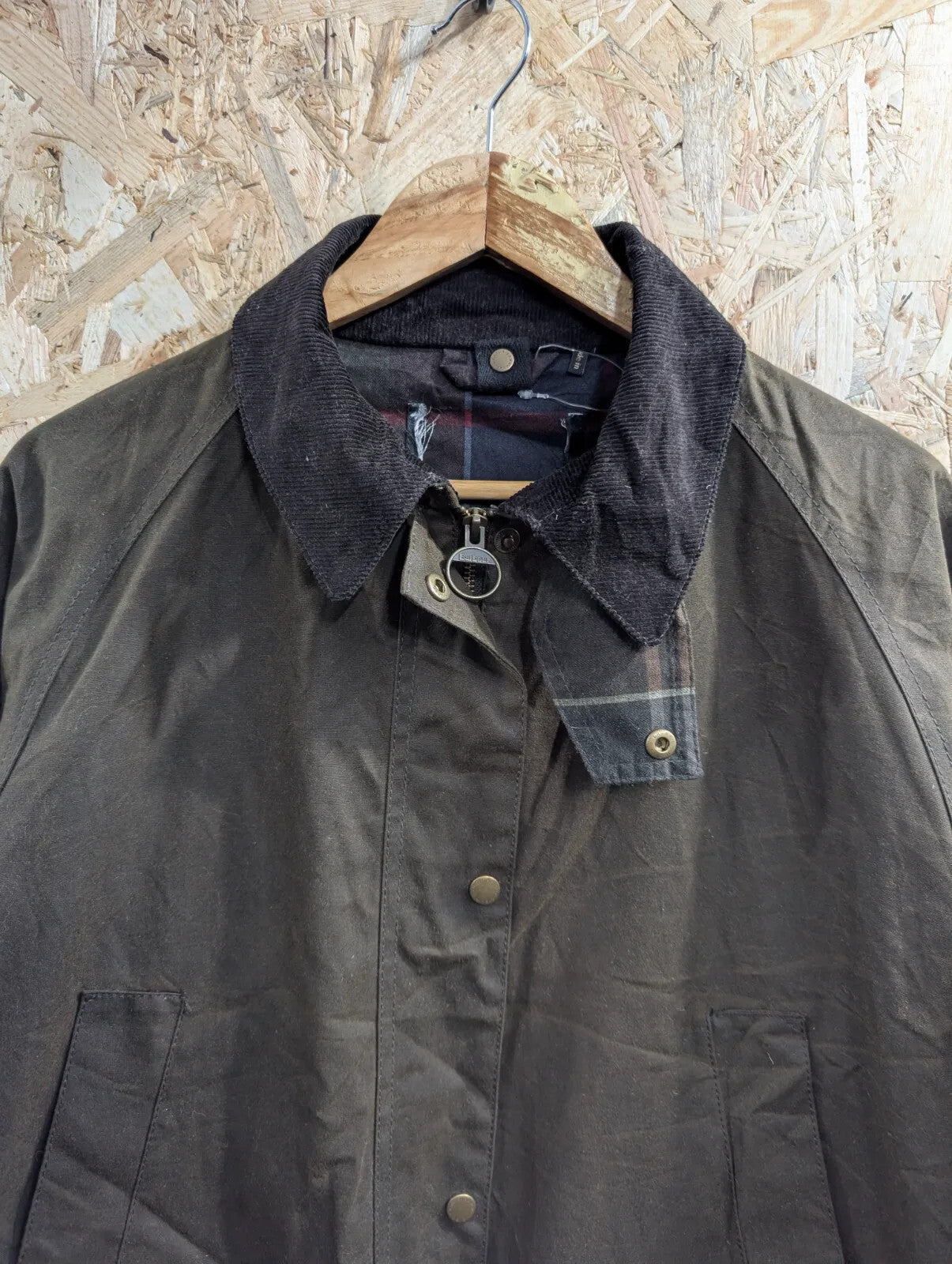 Barbour Acorn Wax Jacket Womens UK20 Olive Waxed Cotton Corduroy Collar Tartan