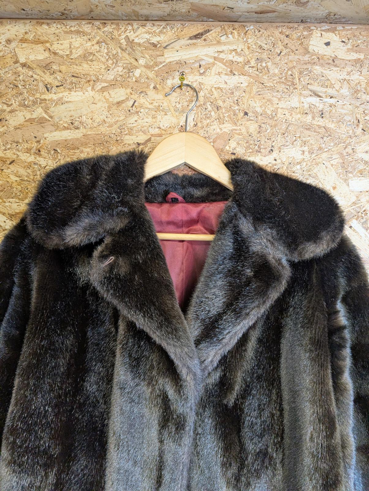 Faux Fur Jacket Wide Arm Cropped Vintage Coat Dark Brown Polyester Small