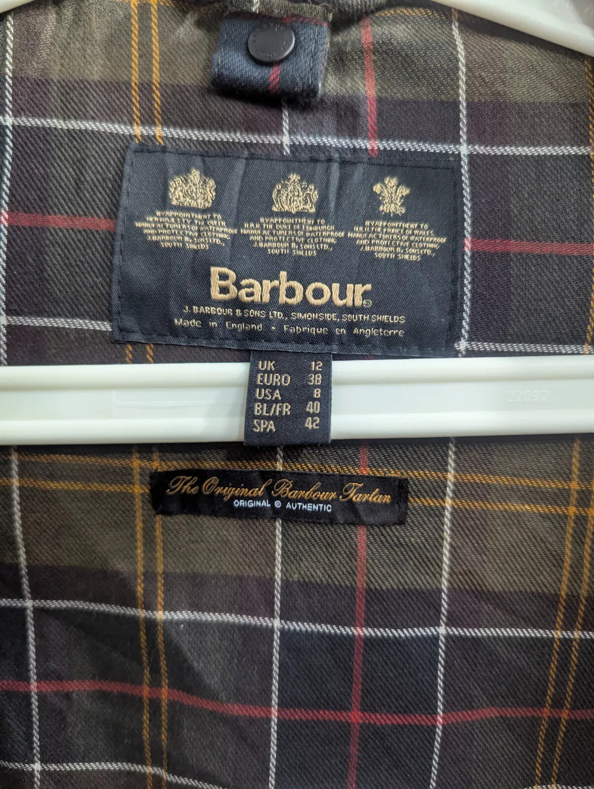 Barbour Beadnell Wax Jacket Womens UK12 Green Cotton Tartan Lined Cord Collar