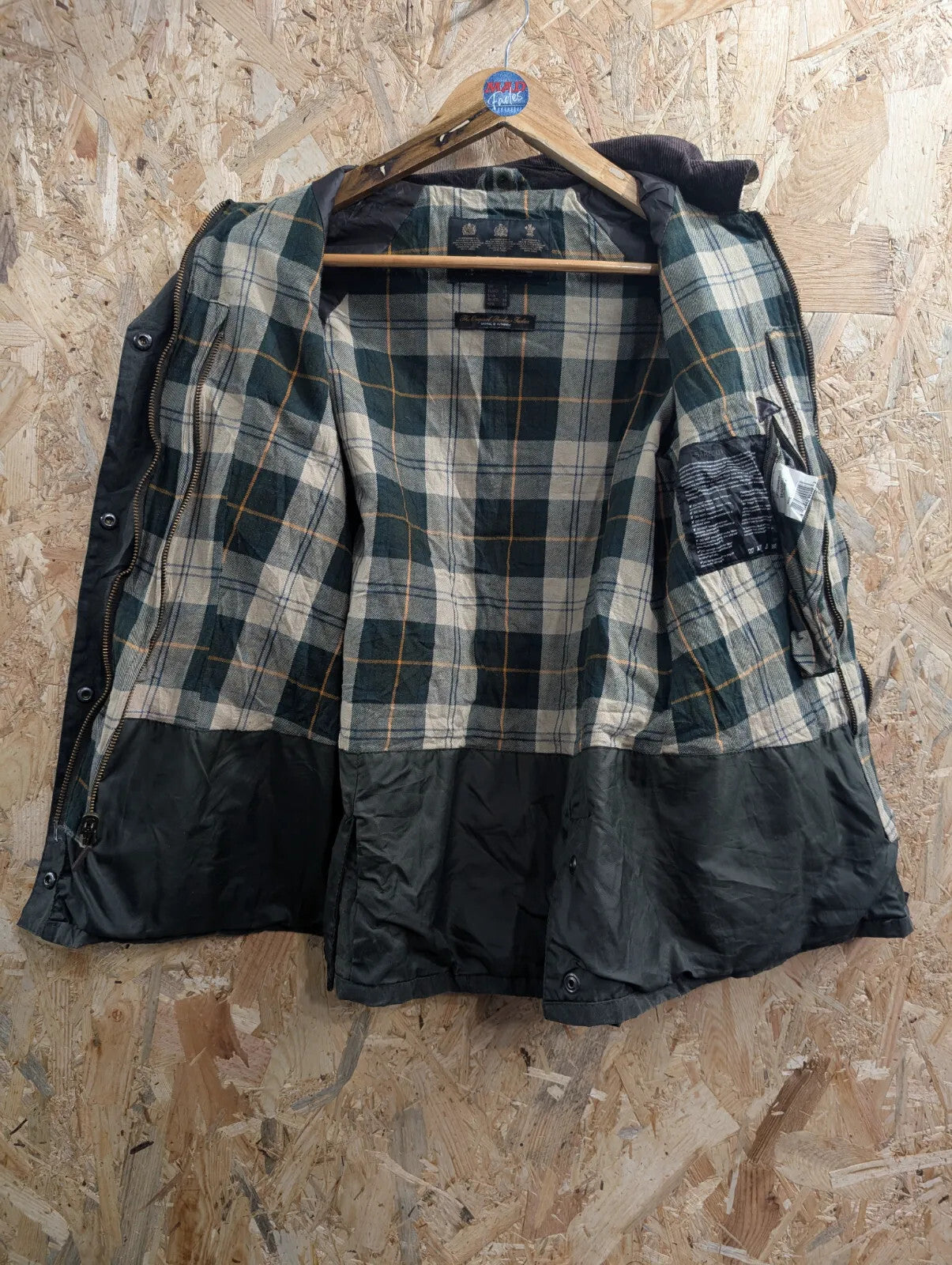 Barbour Beadnell Green Wax Jacket Womens UK6 Tartan Lined Cord Waterproof