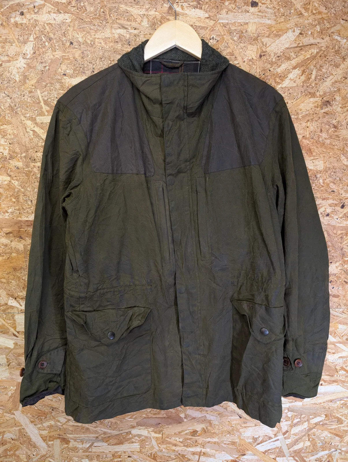 Barbour Hidcote Wax Jacket Mens Large Olive Green Cotton Tartan Tweed Wool