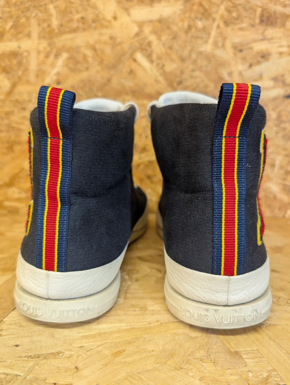 Louis Vuitton Leather High Top Sneakers UK 9.5 Navy Blue Canvas LV Logo mi Italy