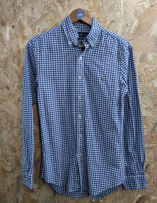Ralph Lauren Shirt XS Men Blue White Gingham Check L/S Button Collar Polo Slim