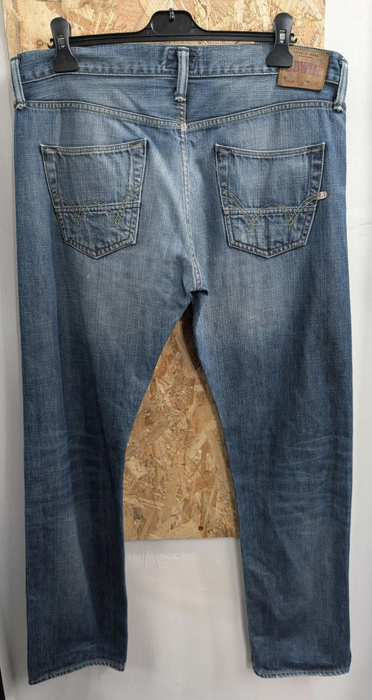 Edwin Jeans W34 L32 Men ED-67 Distressed Blue Denim Regular Fit Straight Leg