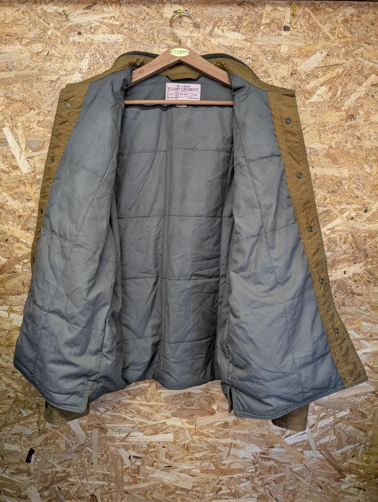 Filson Insulated Jac-Shirt Mens Large Brown Waxed Jacket Snap Padded  Lined Wool