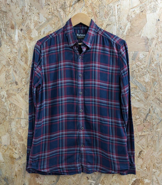 Barbour Shirt Small Men Slim Fit Navy Burgundy Long Sleeve Button Down Collar