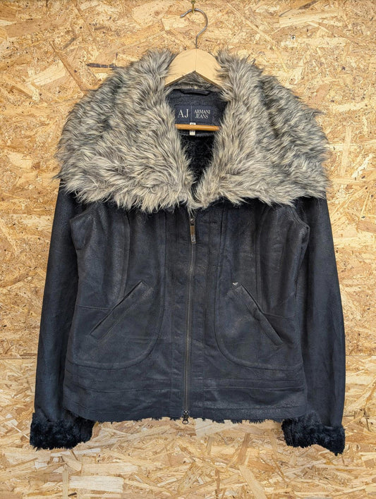 Armani Jeans Jacket Womens Size 12 Faux Fur Fleece Lined Suede Black BeigeY2K