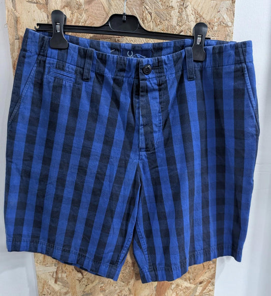 Fred Perry Men's Check Shorts Size W34 Chino Blue Navy Casual Flat Front