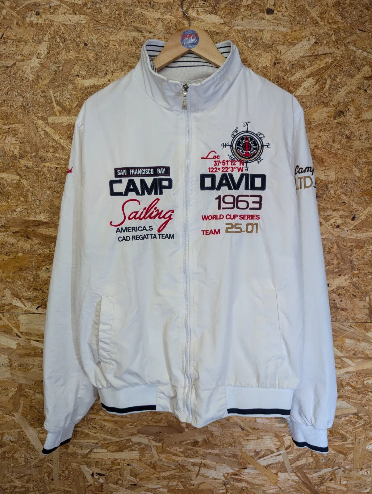 Camp David Bomber Jacket Mens XXL White Cotton Embroidered Graphic Full Zip Mesh
