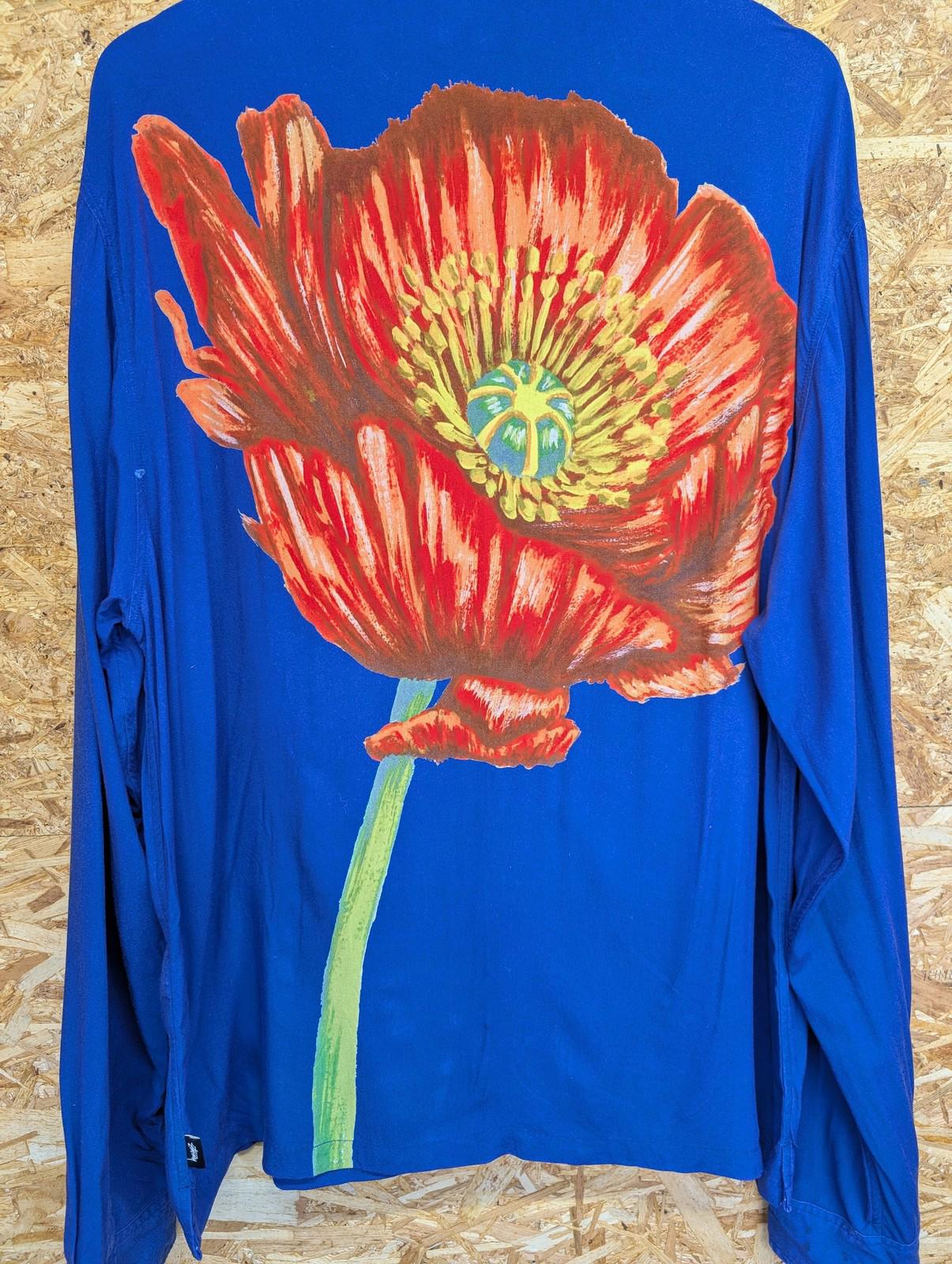 Stussy Button-Up Shirt XL Floral Graphic Blue Rayon Mens Skate Y2K Long Sleeve