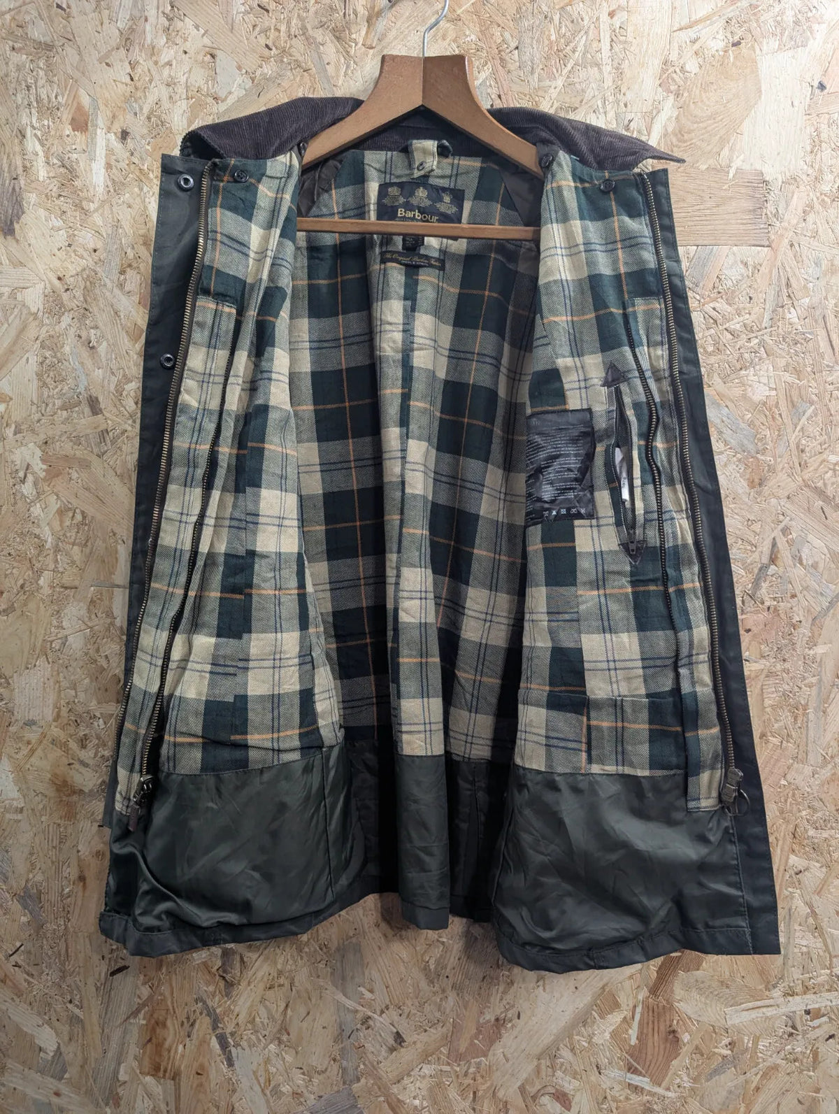 Barbour Waxed Jacket Womens UK16 Dark Green Cotton Cord Collar Beadnell Tartan