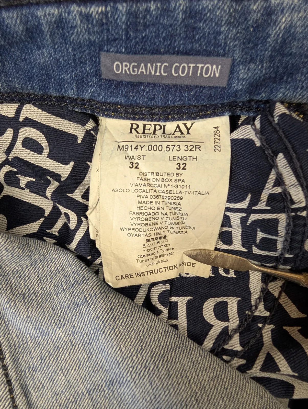 Replay Anbass Slim Jeans W32 L32 Blue Denim Distressed Organic Cotton Straight