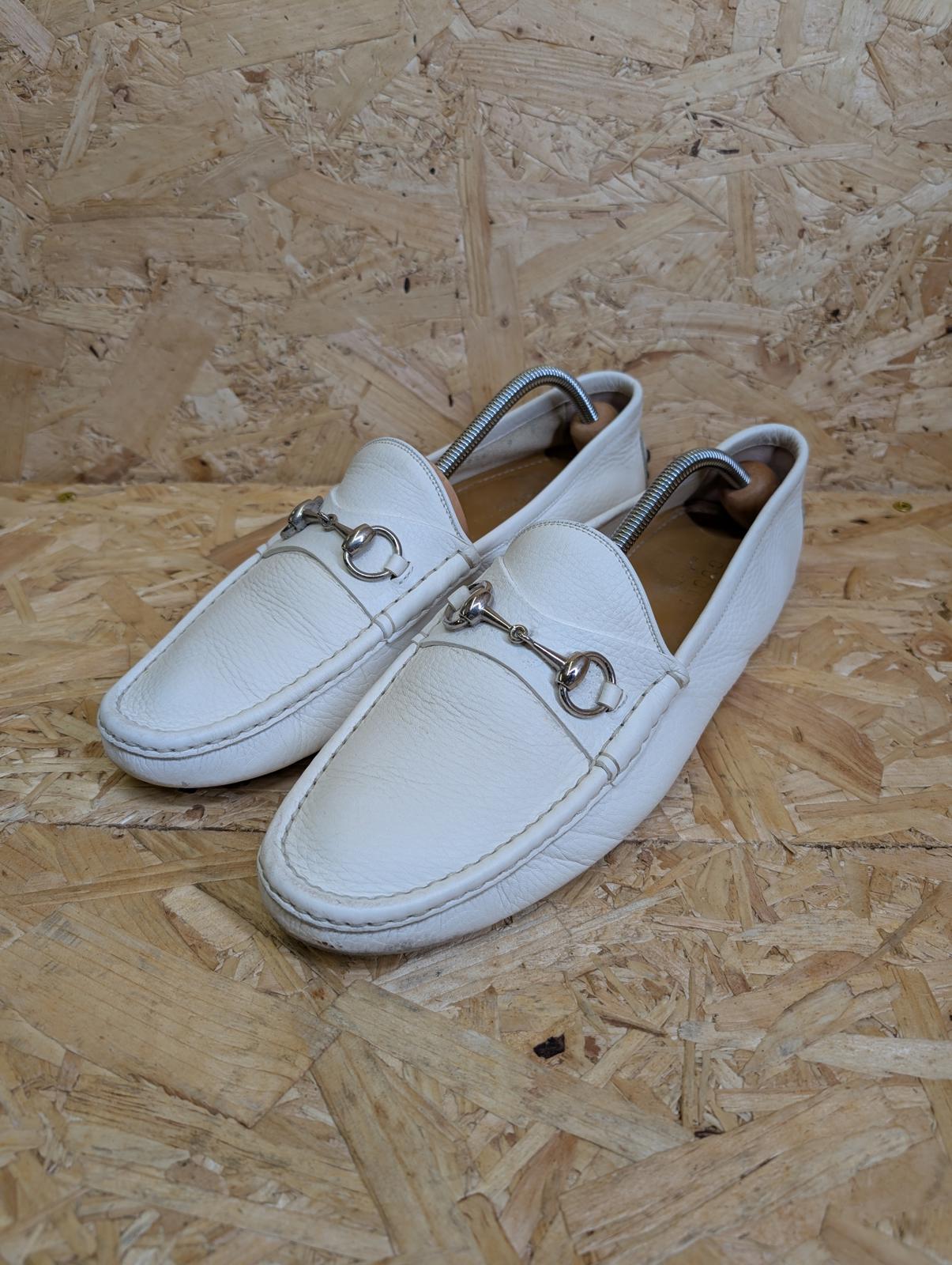 Gucci Loafers Mens 9 UK 43 EU White Full Grain Leather Driving Shoes Buckle
