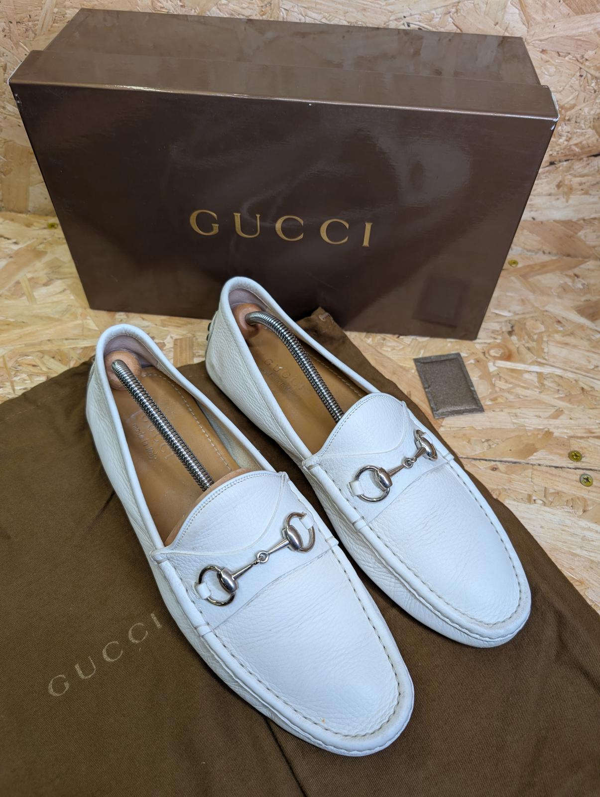 Gucci Loafers Mens 9 UK 43 EU White Full Grain Leather Driving Shoes Buckle