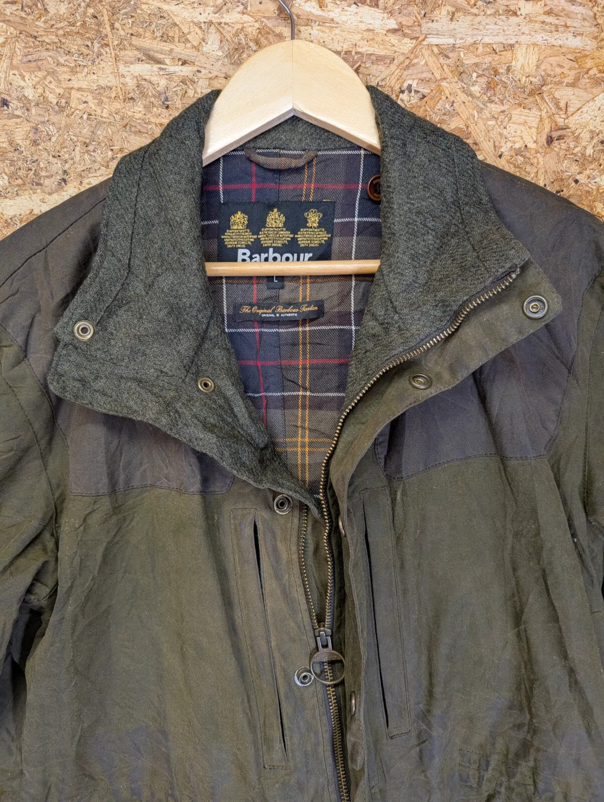 Barbour Hidcote Wax Jacket Mens Large Olive Green Cotton Tartan Tweed Wool
